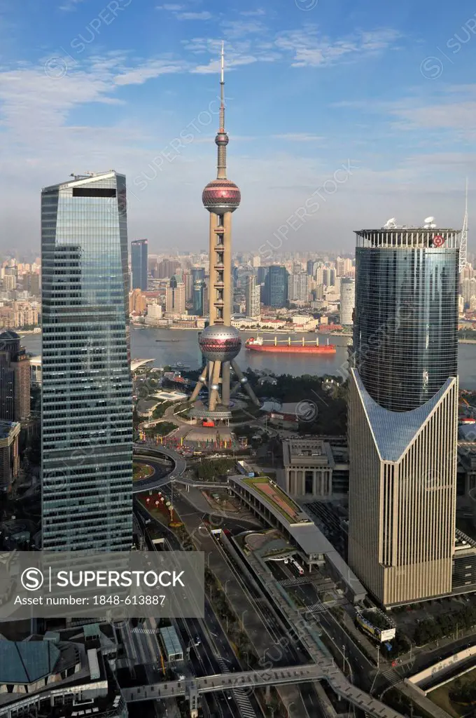 View of the skyline with the Oriental Pearl Tower as seen from the Grand Hyatt Hotel, Pudong, Shanghai, China, Asia
