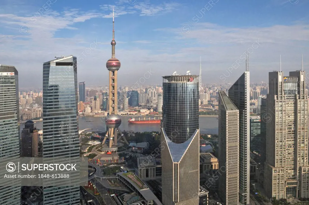 View of the skyline with the Oriental Pearl Tower as seen from the Grand Hyatt Hotel, Pudong, Shanghai, China, Asia