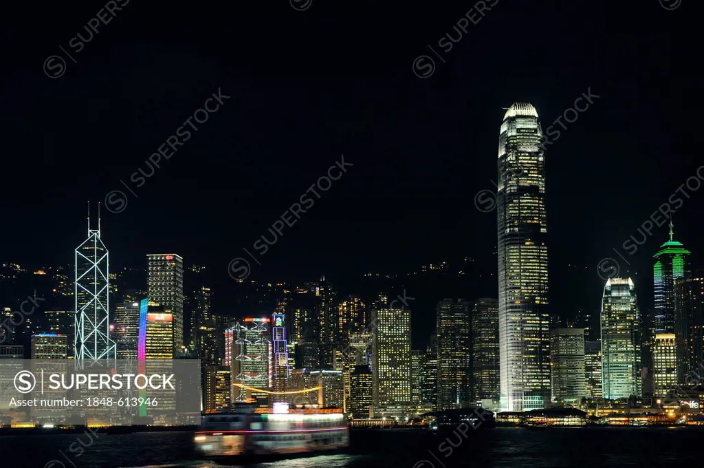 Skyline of Hong Kong Island with a laser show, China, Asia