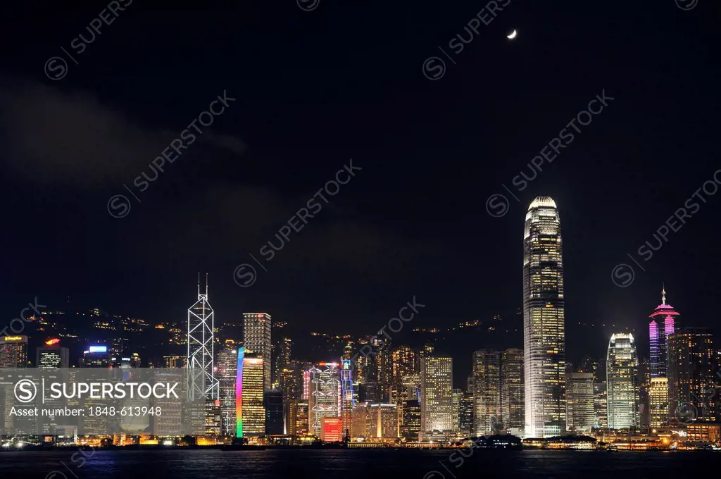 Skyline of Hong Kong Island with a laser show, China, Asia