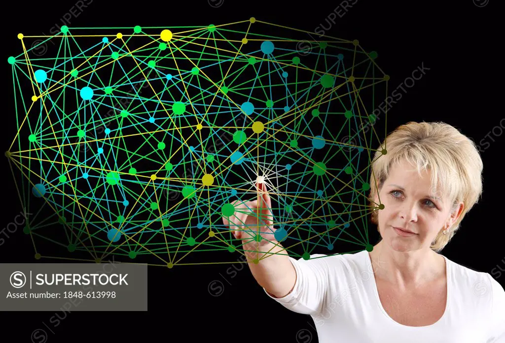 Woman with a virtual model, symbolic image for networks, networking