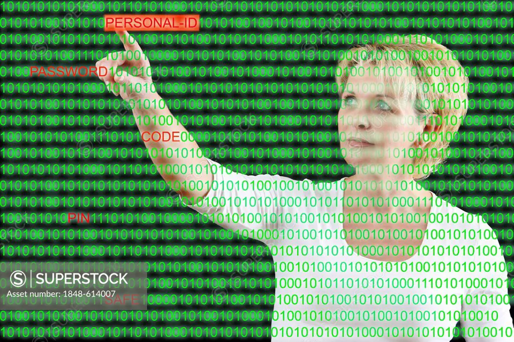 Woman with a computer code and the word Personal ID, symbolic image for computer hackers, data security, computer crime, cyber crime, data theft