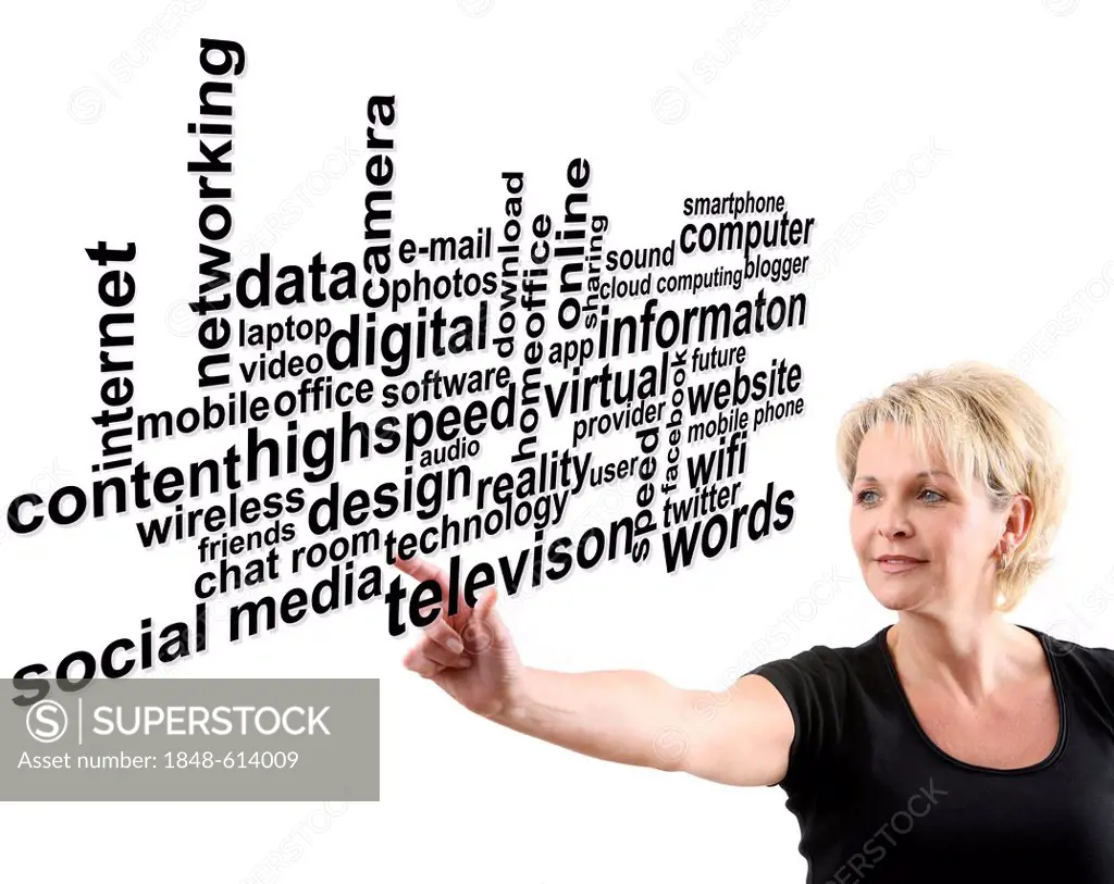 Woman reading web words, word clouds, symbolic image for social media