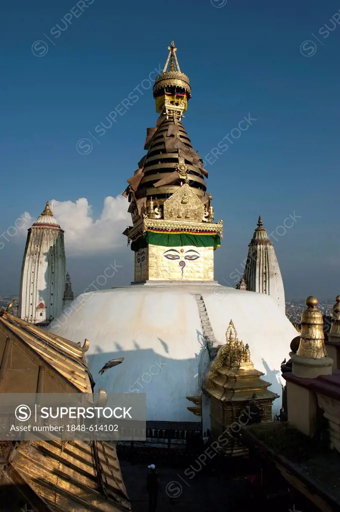 Tibetan Buddhism, Hinduism, Swayambhunath Temple, white stupa, golden tower, the eyes of Buddha, the Himalayas, Kathmandu, Kathmandu Valley, Nepal, As...
