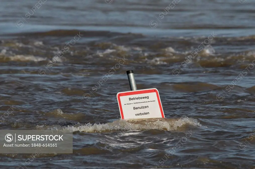Flood, sign standing deep in the water, operating path of the Federal Water and Shipping Administration, use prohibited