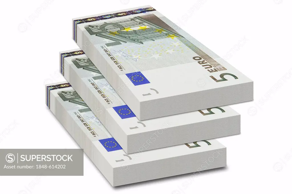 Bundles of 5 euro bank notes