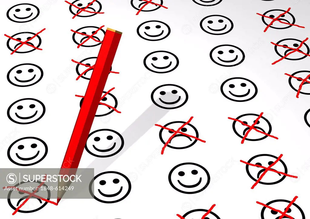 Smileys, emoticons, the sad ones crossed out, red pencil, illustration