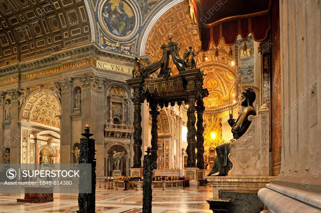 St. Peter's baldachin, Bernini's baldachin above the papal altar and a statue of Saint Peter, attributed to Arnolfo di Cambio, in St. Peter's Basilica...