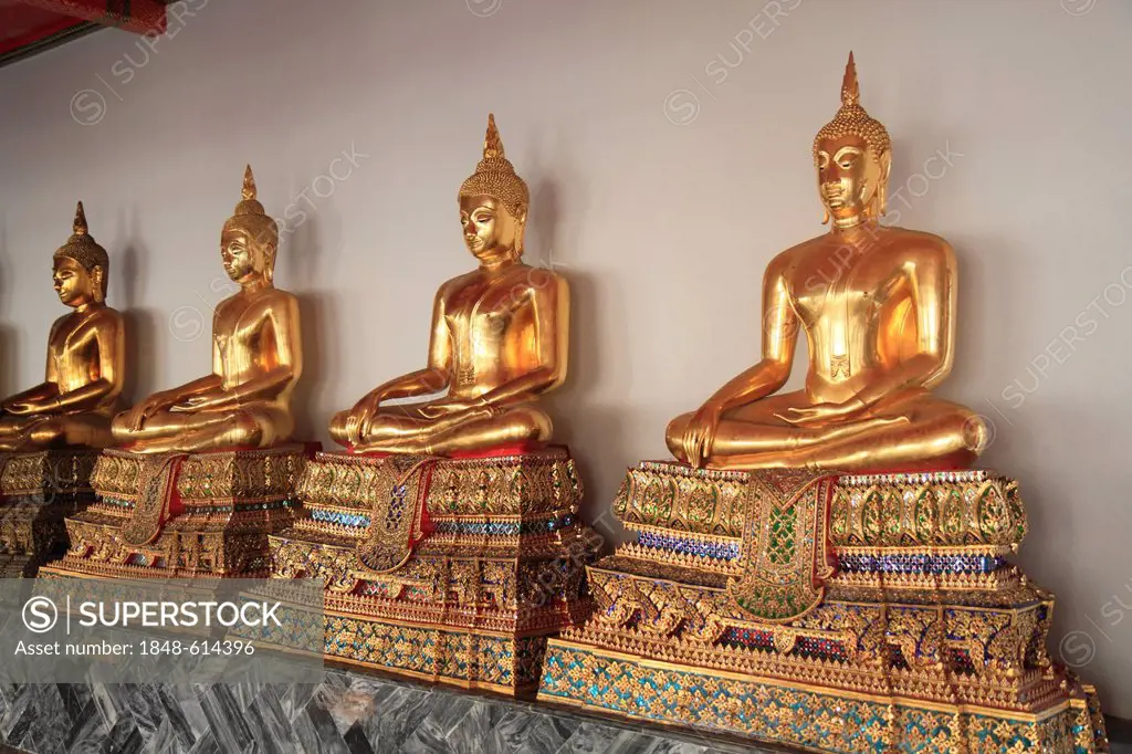 Statues of the meditating Buddha, Buddhist temple Wat Pho, Bangkok, Thailand, Asia