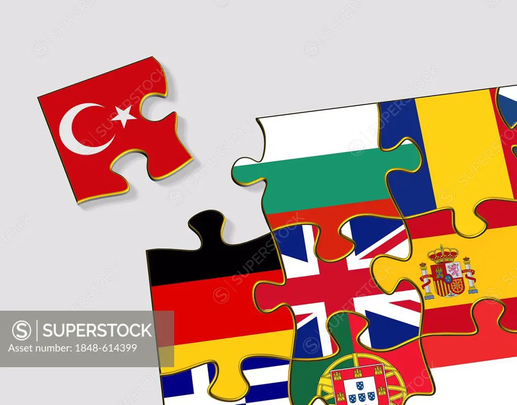 Jigsaw puzzle pieces with national flags, illustration, symbolic image for the EU accession candidate Turkey