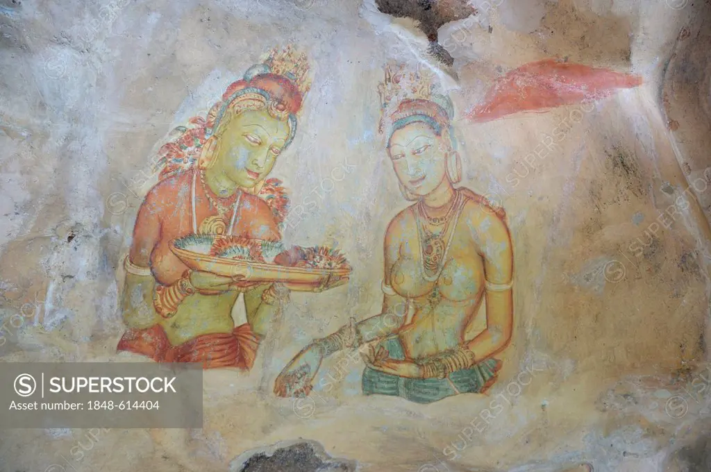 Cloud Maidens, frescoes from the 5th century on the Lion Rock, rock fortress, UNESCO World Heritage site, Sigiriya, Sri Lanka, Asia