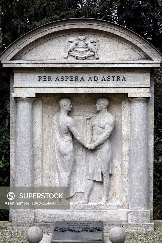 Historic grave with a sculpture of two men departing, Per Aspera ad Astra, Nordfriedhof Cemetery, Duesseldorf, North Rhine-Westphalia, Germany, Europe