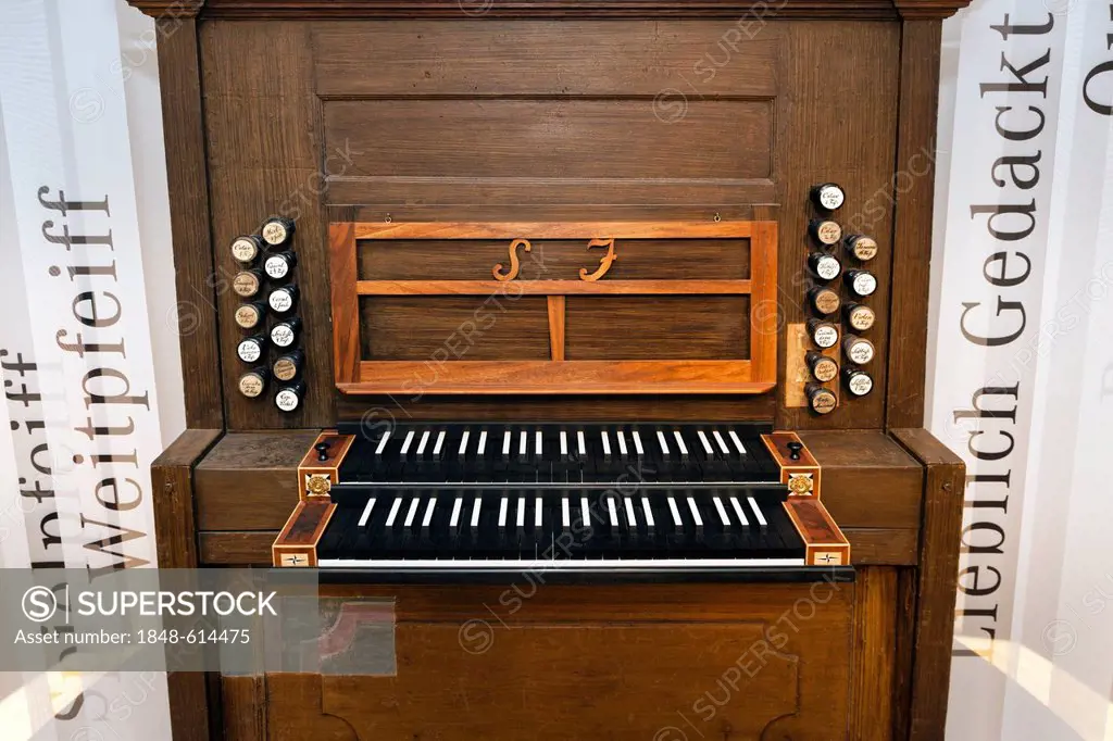 Organ console from Johanniskirche, St. John's Church, organ, register, Bach-Museum Leipzig, Leipzig Music Trail, Leipzig, Saxony, Germany, Europe