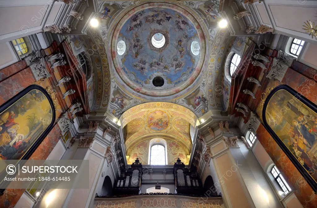 Interior view, side altar, organ, large dome fresco of St. Francis, St. Francis of Assisi, Baroque dome, Elisabethinenkirche church, cultural heritage...