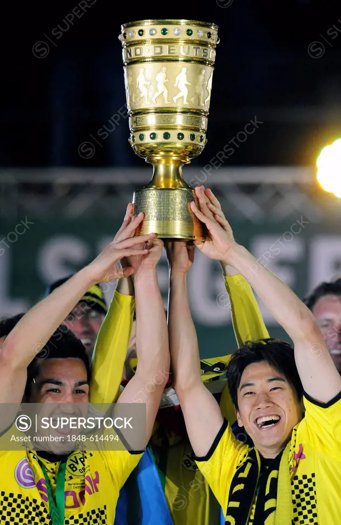 Cheering, Ilkay Guendogan and Shinji Kagawa holding the Cup, DFB Cup final, BVB or Borussia Dortmund vs FC Bayern Munich 5-2, 05/12/2012, Olympic Stad...