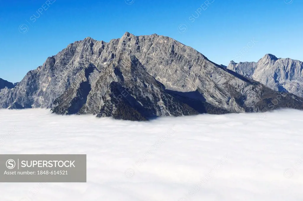 View of a sea of fog and the east wall of Watzmann mountain as seen from Jenner mountain, district of Berchtesgadener Land, Upper Bavaria, Bavaria, Ge...
