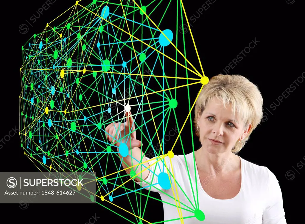 Woman with a virtual model, symbolic image for networks, networking