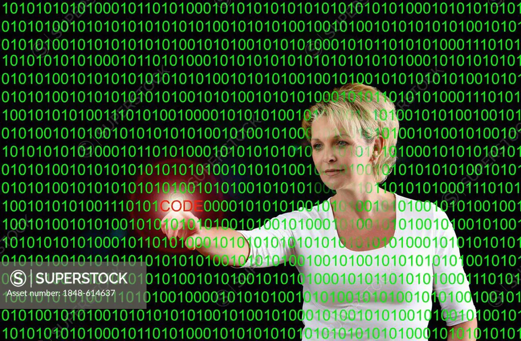 Woman with a computer code and the highlighted word Code, symbolic image for computer hackers, data security, computer crime, cyber crime, data theft