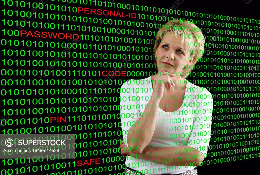 Woman with a computer code and the highlighted words Personal-ID, Password, Code, PIN and Safe, symbolic image for computer hackers, data security, co...