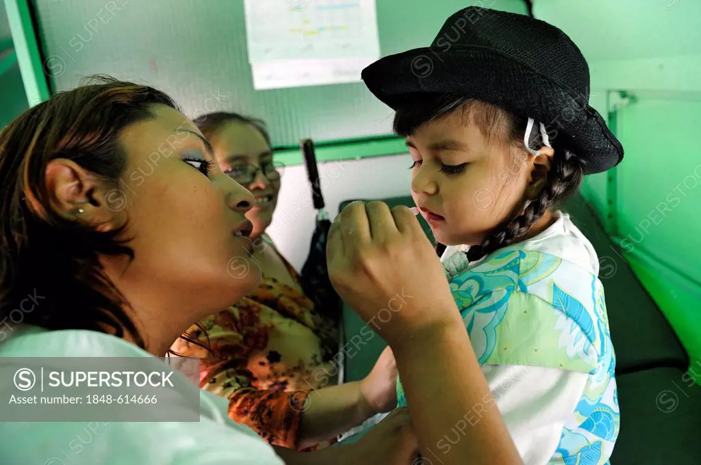 Nurse giving a drug to a little girl, Guatemala, Central America