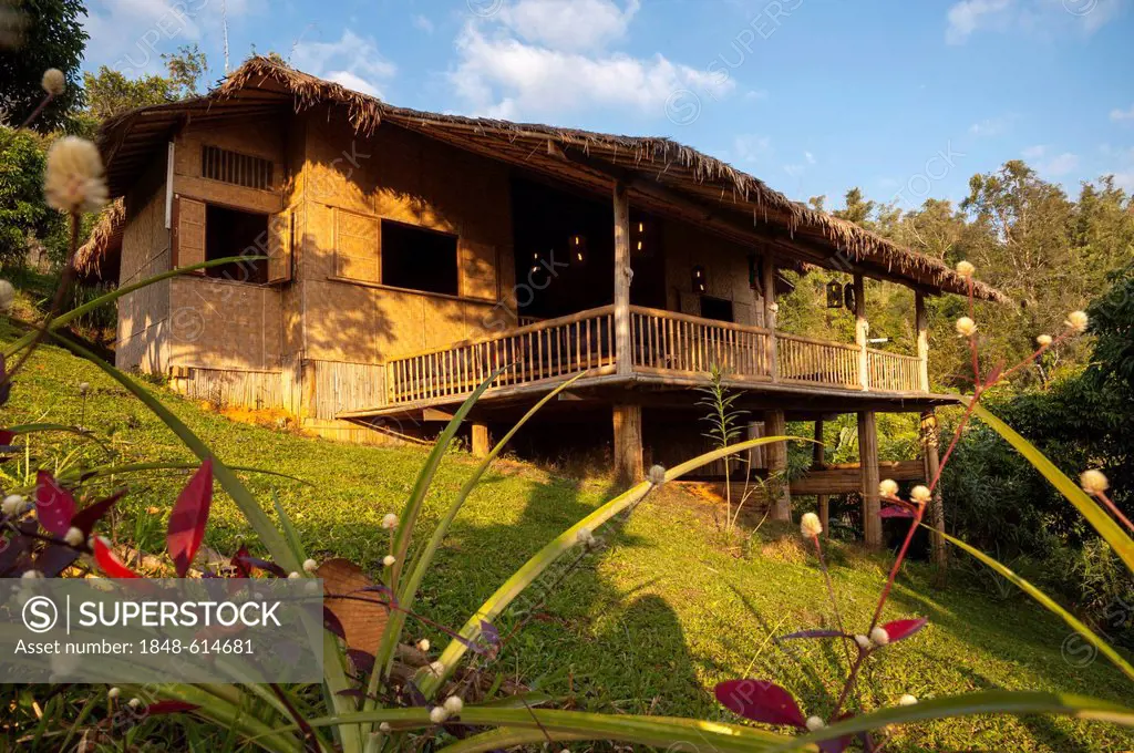 Bamboo hut with a porch or veranda, accommodation, Lanjia Lodge, Northern Thailand, Thailand, Asia