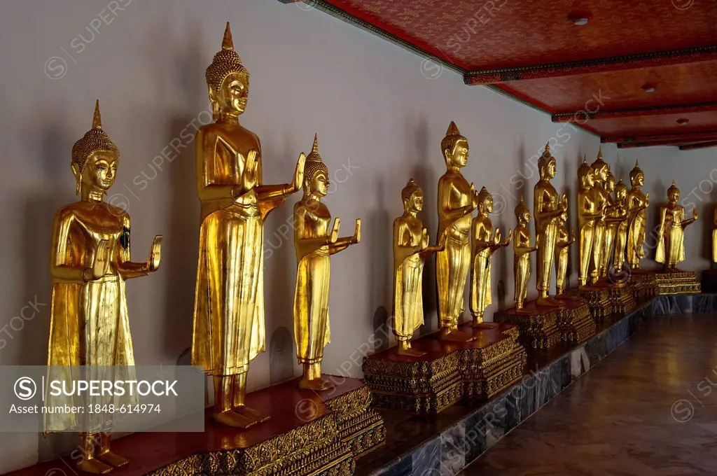 Golden statues, Wat Pho, Wat Phra Chetuphon, Temple of the Reclining Buddha, Bangkok, Thailand, Asia