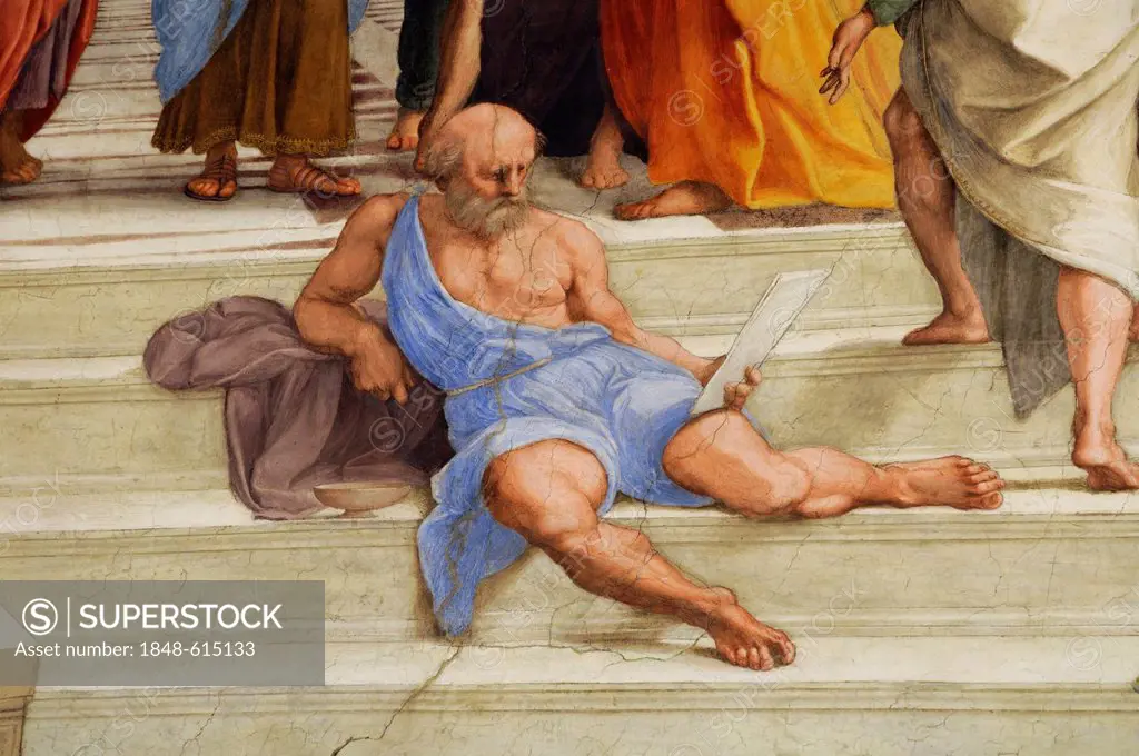 Portrait of Michelangelo, detail from the painting, The School of Athens by Raphael, Stanza della Signatura, Vatican Museums, Rome, Italy, Europe
