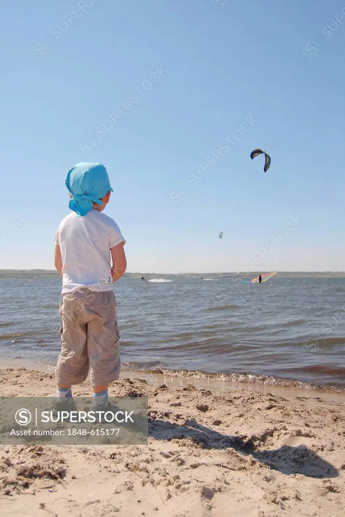 Little boy, kite surfing, Black Sea, Odessa, Ukraine, Eastern Europe