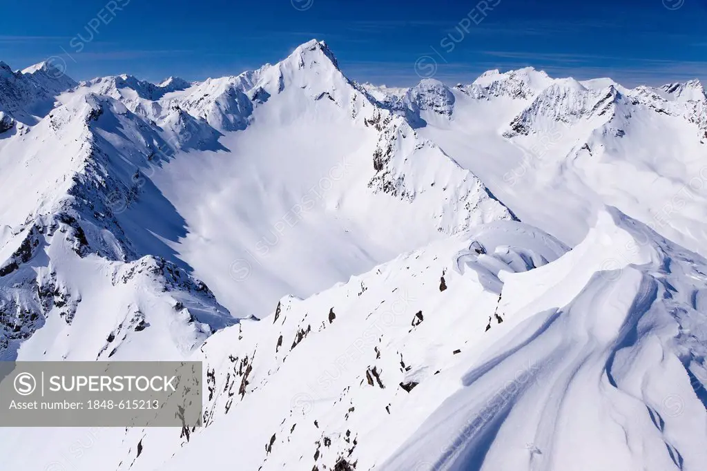 View as seen from Zischgelesspitze mountain, Zischgeles mountain, onto Grubenwand mountain face, cornice, Stubai Alps, northern Tyrol, Tyrol, Austria,...