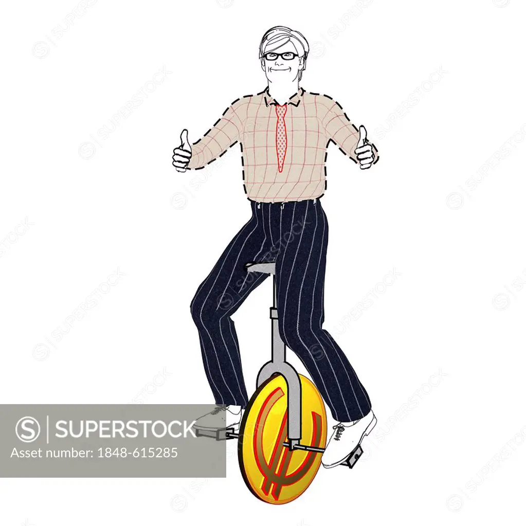 Man riding a unicycle with an euro symbol, thumbs up, symbolic image for stockbroker, illustration