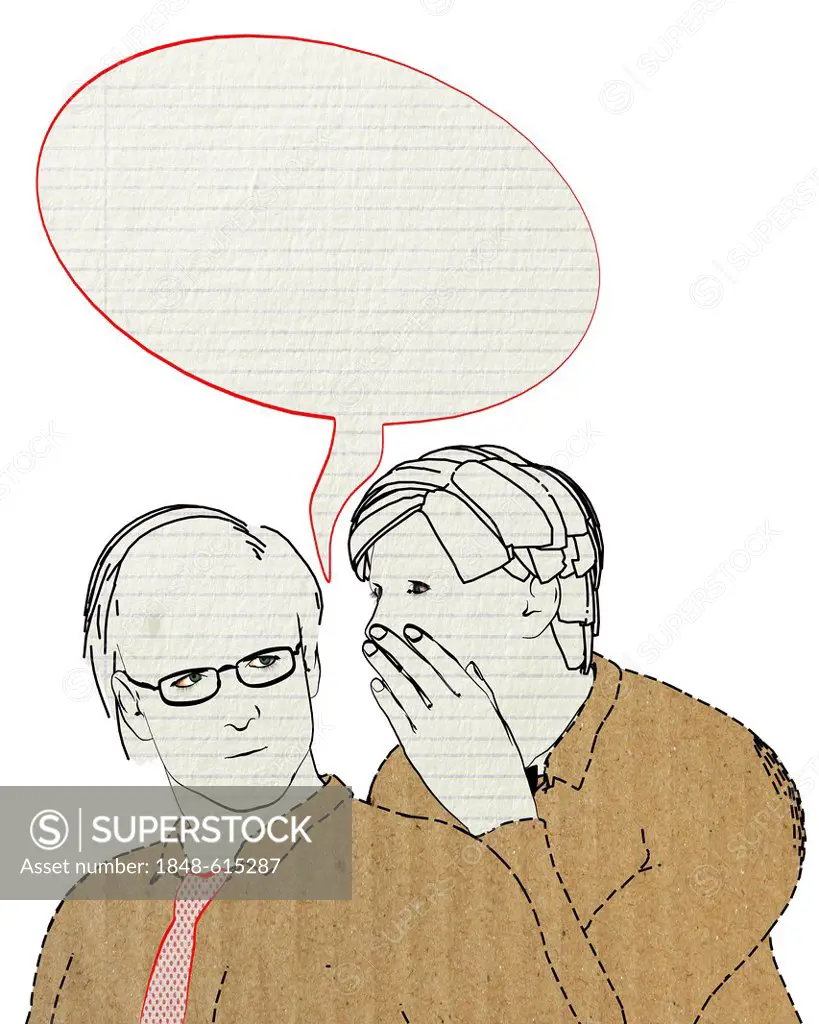 Colleagues whispering, blank speech bubble, symbolic image for bullying, illustration