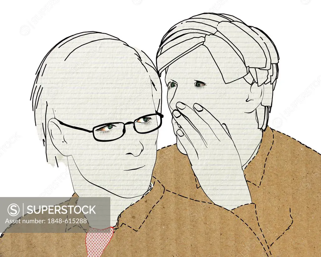 Colleagues whispering, symbolic image for bullying, illustration