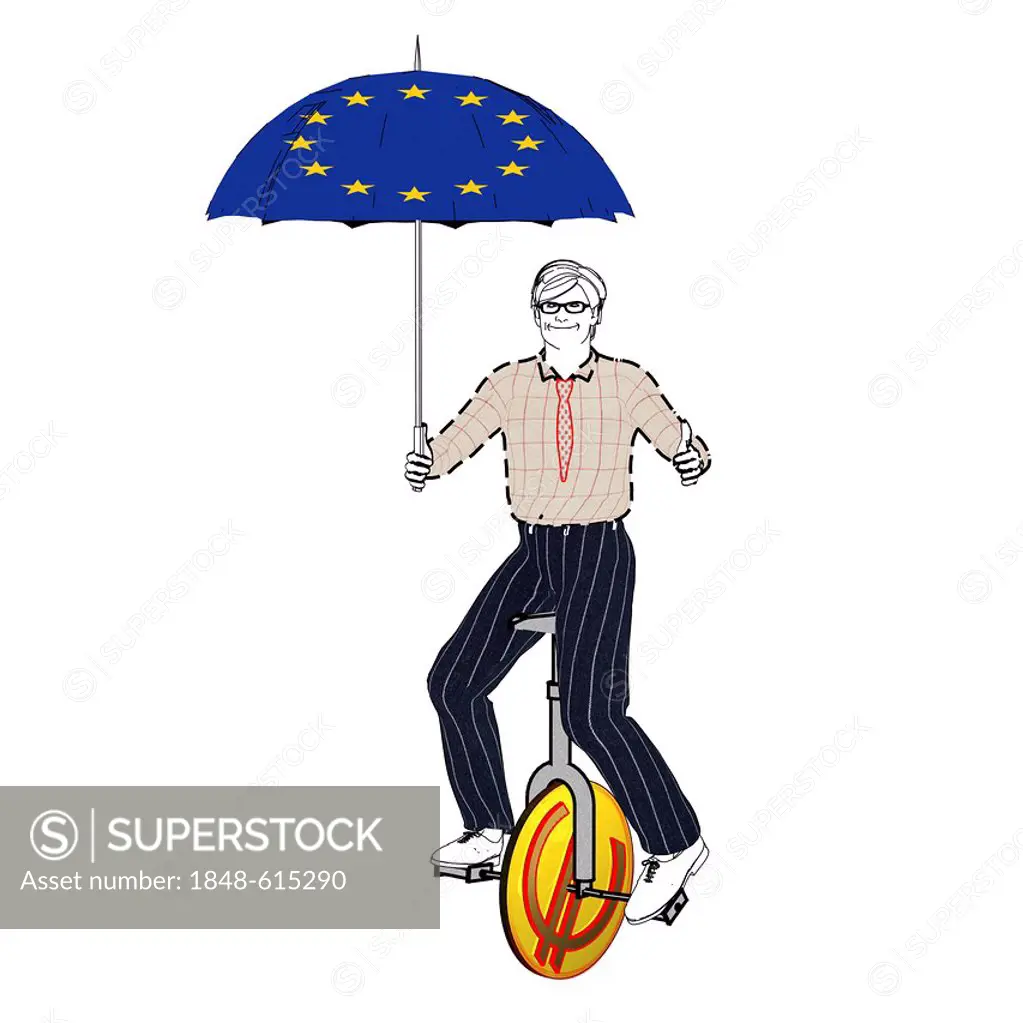 Man riding a unicycle with an euro symbol, holding an umbrella with European stars, symbolic image for stockbroker, illustration