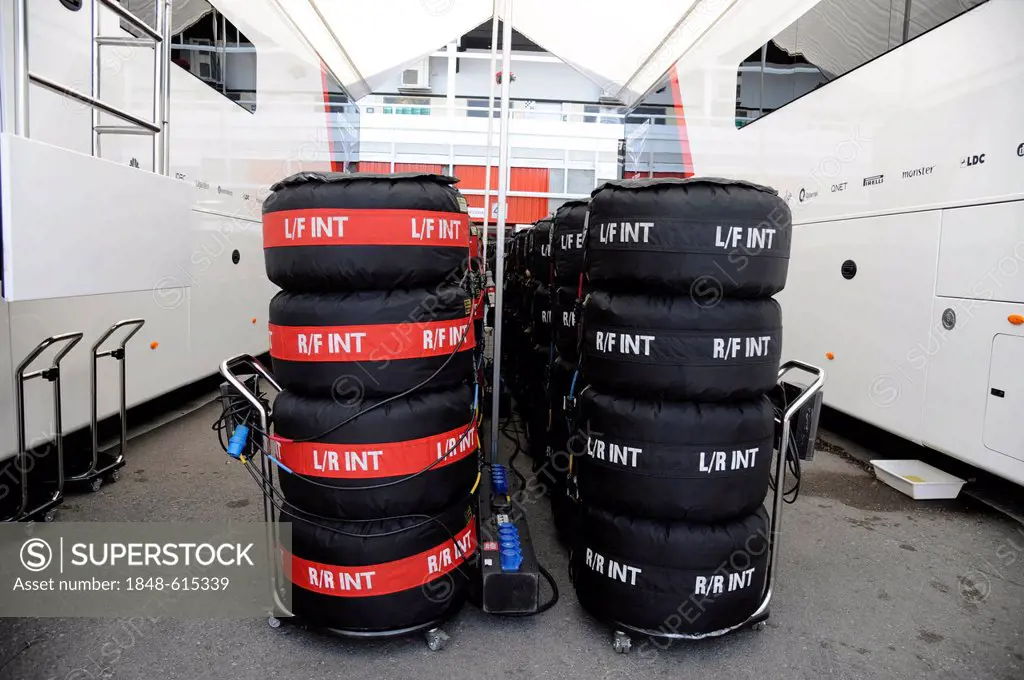 Wrapped tires in the paddock, during the qualifying for the Spanish Grand Prix, Circuit de Catalunya race course in Montmelo, Spain, Europe