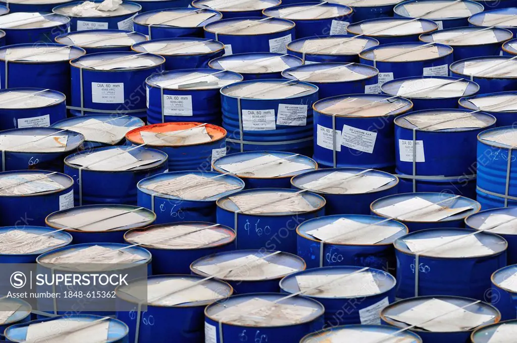 Barrels ready for transportation in the port, Piombino, Tuscany, Italy, Europe