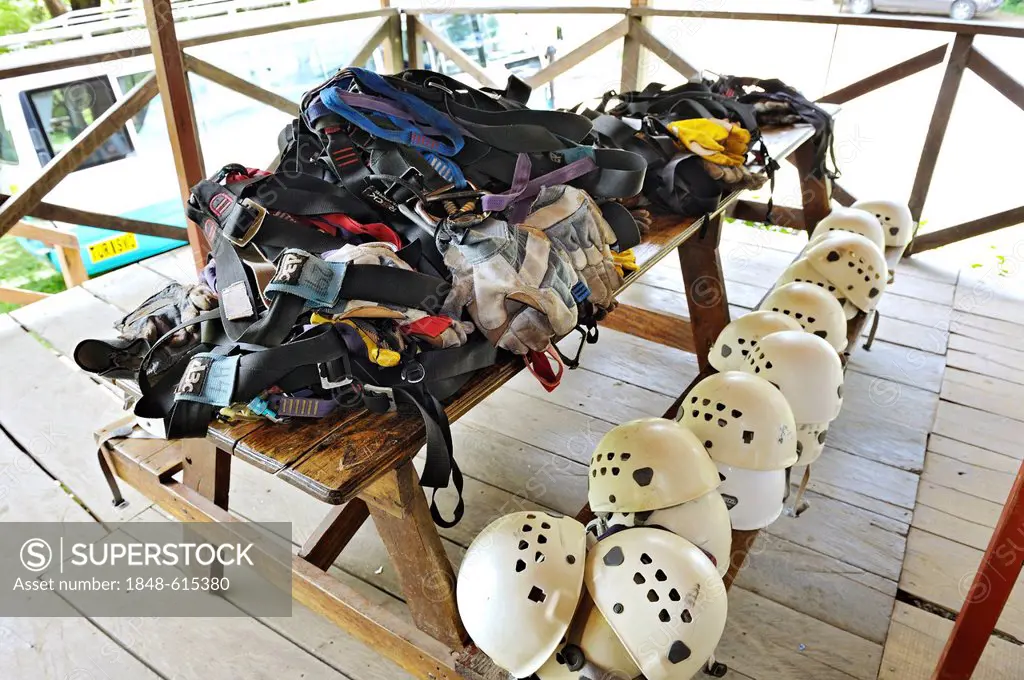 Equipment for rope canopy tours at Hacienda Guachipelin near Liberia, Guanacaste Province, Costa Rica, Central America