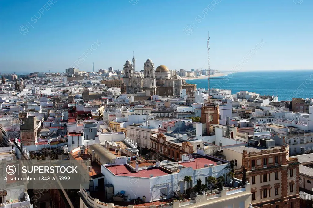 View from the Torre Tavira on the roofs of the old town of Cadiz, Andalusia, Spain, Europe