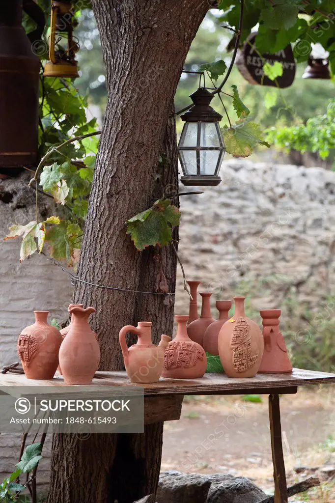 Jugs and vases, pottery in the ghost town of Kayakoey near Fethiye, former Levissi, Lycia, Mediterranean, Turkey, Asia Minor