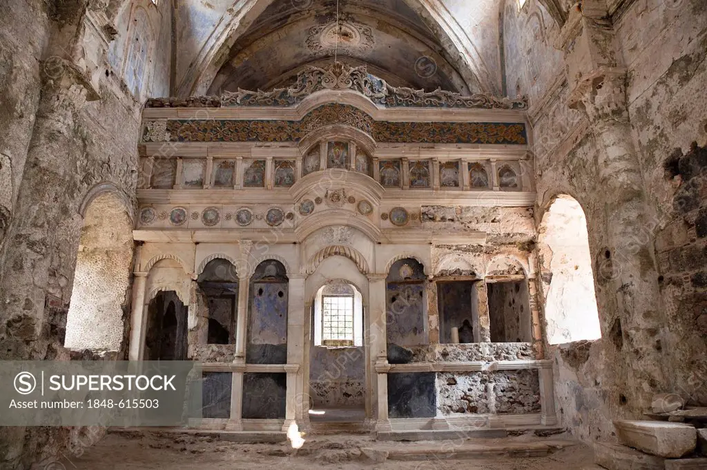 Deserted Greek Orthodox church in the ghost town of Kayakoey near Fethiye, former Levissi, Lycia, Mediterranean, Turkey, Asia Minor