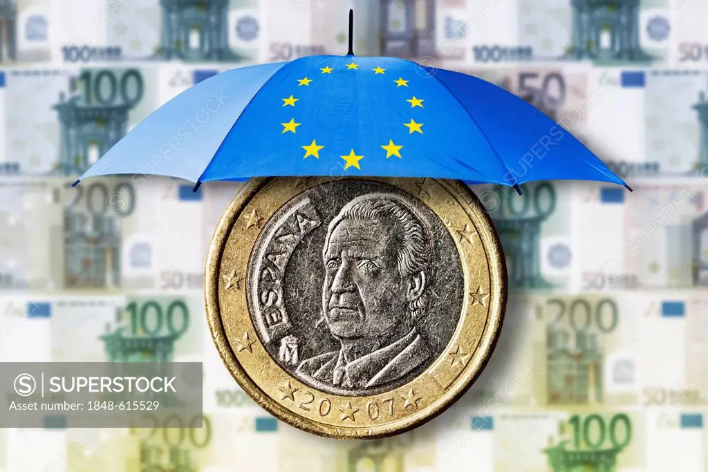A Spanish one euro coin under an EU rescue umbrella, symbolic image