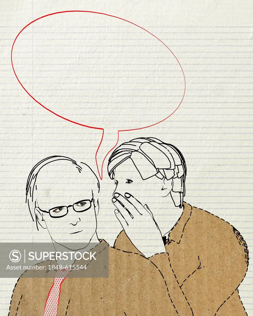 Colleagues whispering, blank speech bubble, symbolic image for bullying, illustration