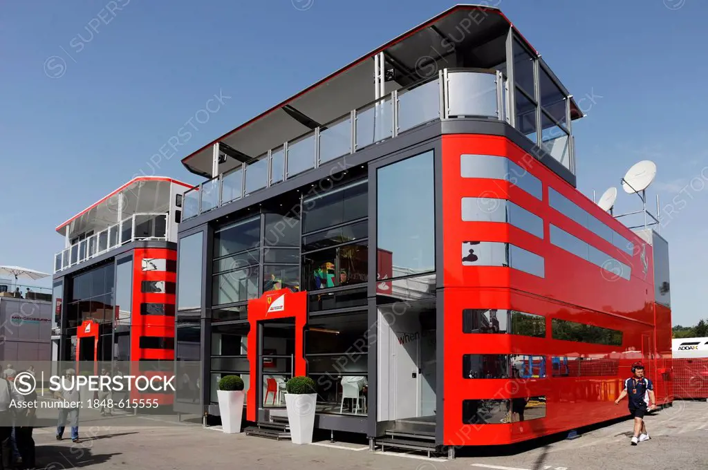 Team Ferrari hospitality motorhome in the paddock, during the qualifying for the Spanish Grand Prix, Circuit de Catalunya race course in Montmelo, Spa...