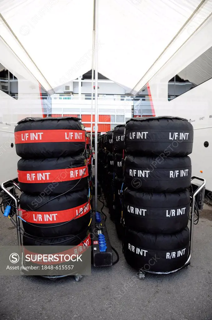 Wrapped tires in the paddock, during the qualifying for the Spanish Grand Prix, Circuit de Catalunya race course in Montmelo, Spain, Europe