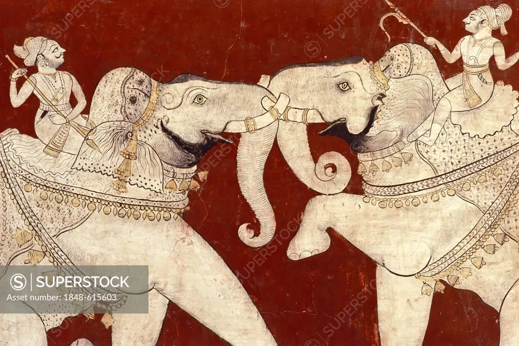 Fighting elephants, mural painting or fresco made from natural colours, Chitrashala, Bundikalam, Palace of Bundi, Bundi, Rajasthan, India, Asia