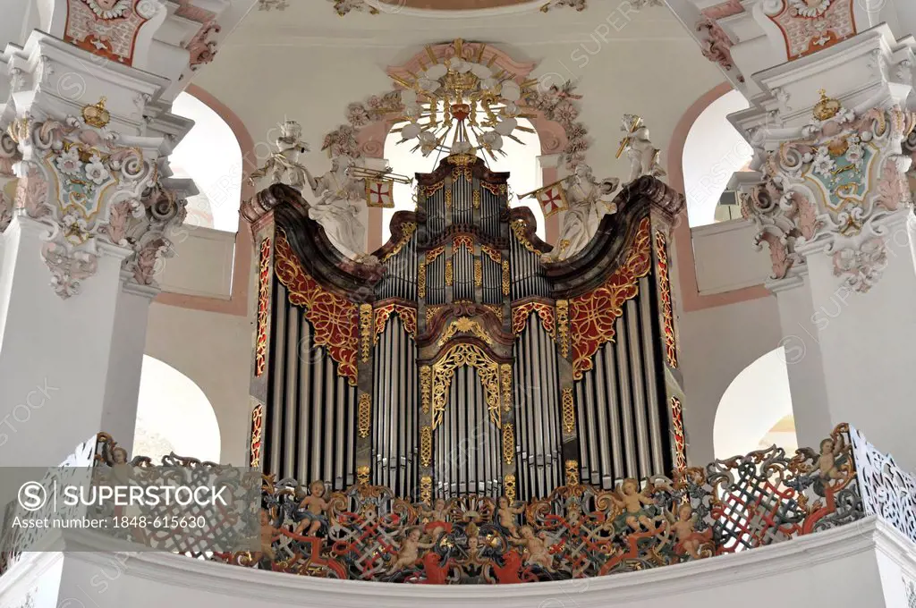 Interior view, organ, pilgrimage church of St. Peter and Paul, built by the Brothers Zimmermann, 1728-1731, Steinhausen, Baden-Wuerttemberg, Germany, ...