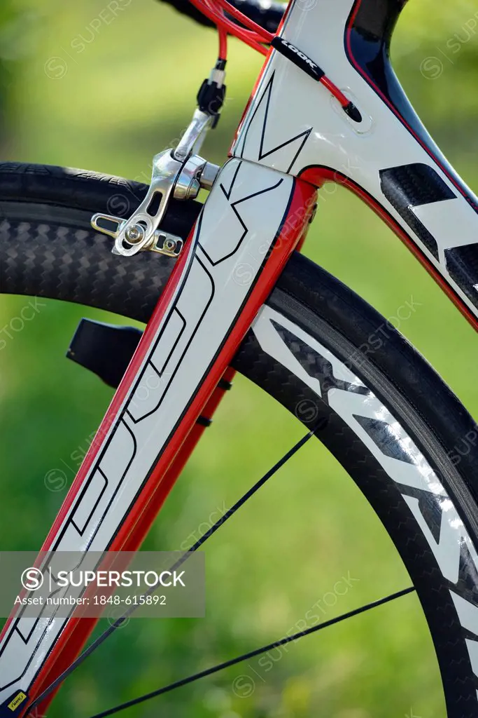 Detailed view of a high-quality carbon road bike