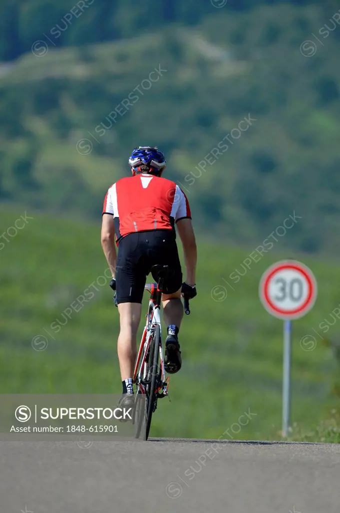 Cyclist riding a high-quality carbon road bike, Weinstadt, Baden-Wuerttemberg, Germany, Europe