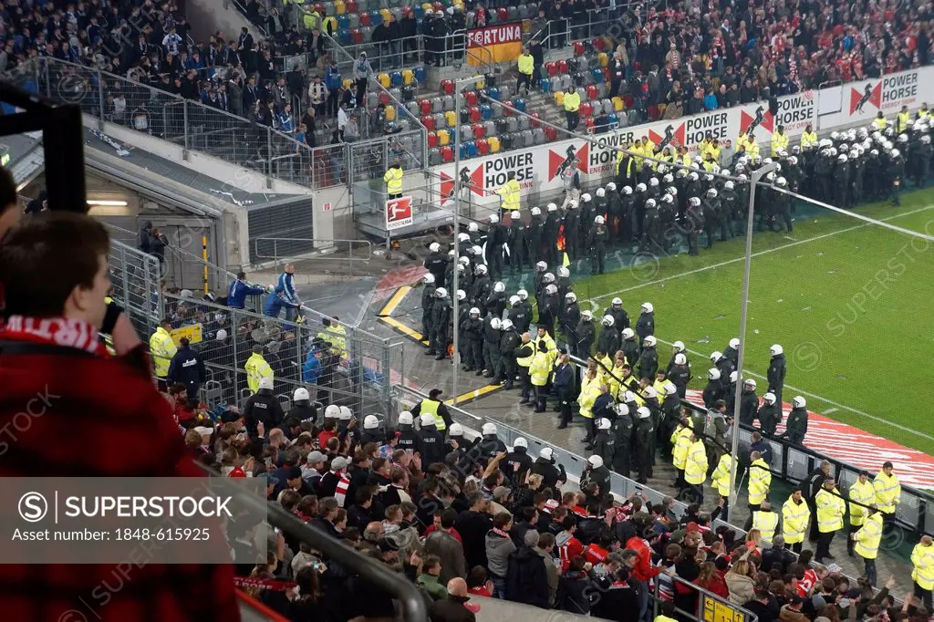 Security and police during the relegation match Fortuna Duesseldorf vs. Herta BSC Berlin, Esprit Arena, Duesseldorf, North Rhine-Westphalia, Germany, ...