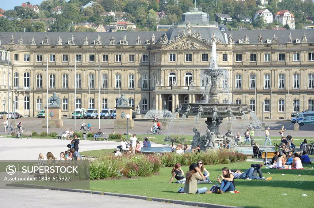 People on Schlossplatz square, fountain, New Palace at the back, Stuttgart, Baden-Wuerttemberg, Germany, Europe