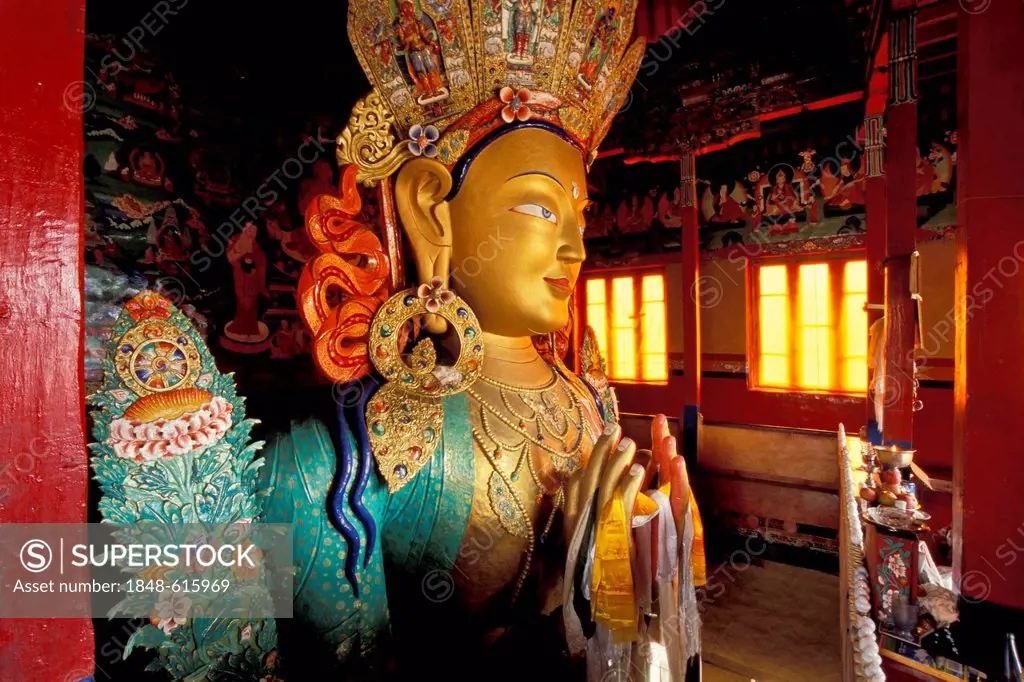 Buddha statue, Maitreya, Tikse, Thiksey or Thikse Yellow Hat Monastery, Ladakh, Jammu and Kashmir, Indian Himalayas, North India, India, Asia